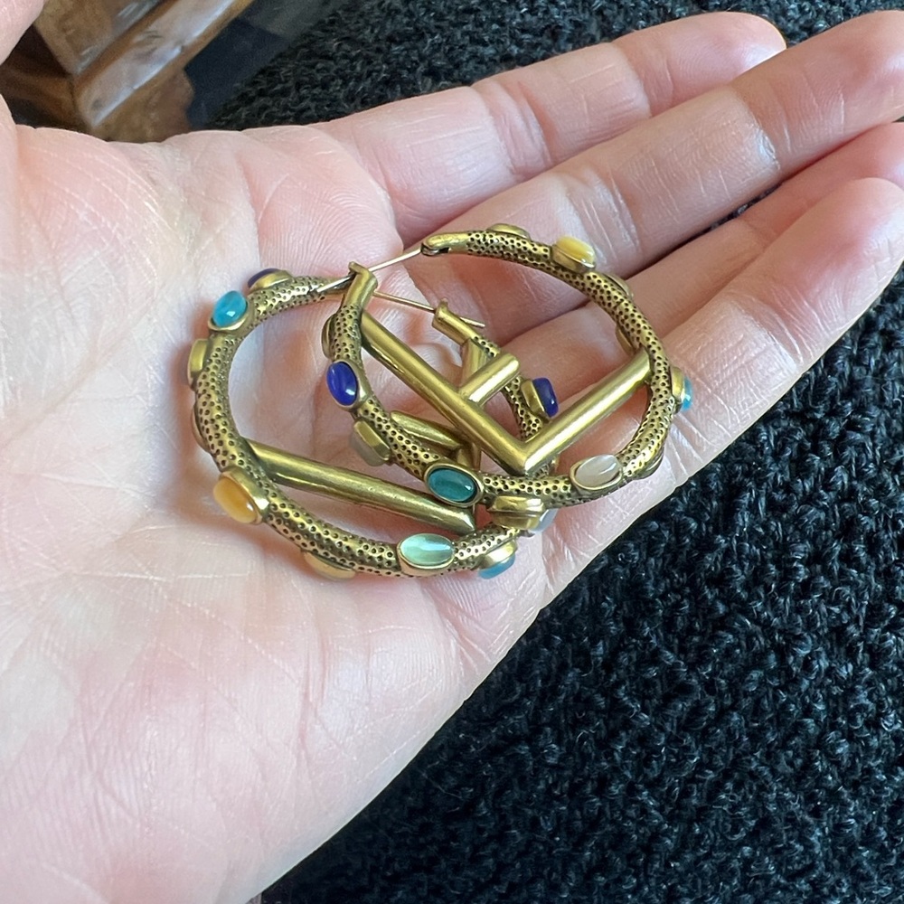 Fendi Gold Hoop Earrings with Turquoise Accents - Picture 4 of 12